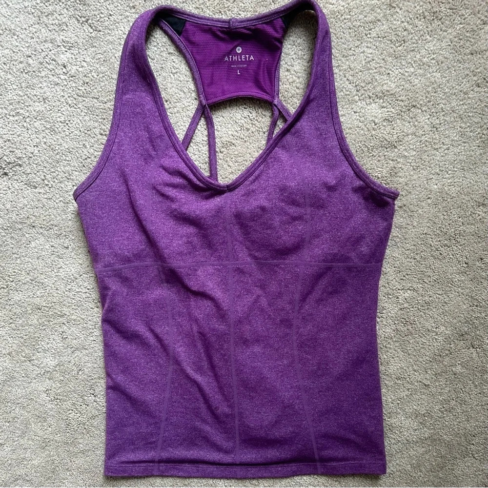 Athleta Equator Racerback Tank‎ Top Shirt Built In Bra Heathered Purple Sz Large